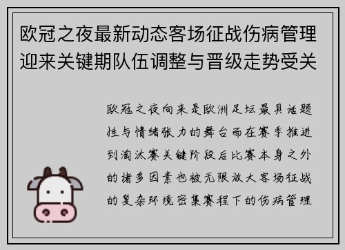 欧冠之夜最新动态客场征战伤病管理迎来关键期队伍调整与晋级走势受关注