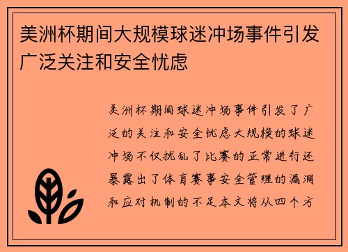 美洲杯期间大规模球迷冲场事件引发广泛关注和安全忧虑 美洲杯期间大规模球迷冲场事件引发广泛关注和安全忧虑